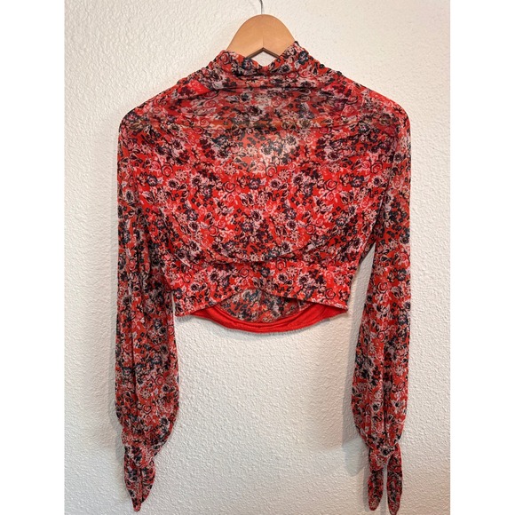 Free People Red Floral Mesh Mock Neck Long Sleeve Cropped Top Sheer - Picture 2 of 6